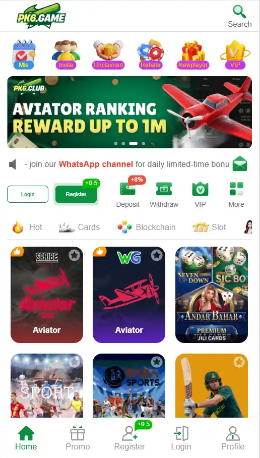 PK6 Game home screen showing game categories, bonus offers, rewards section, and user dashboard