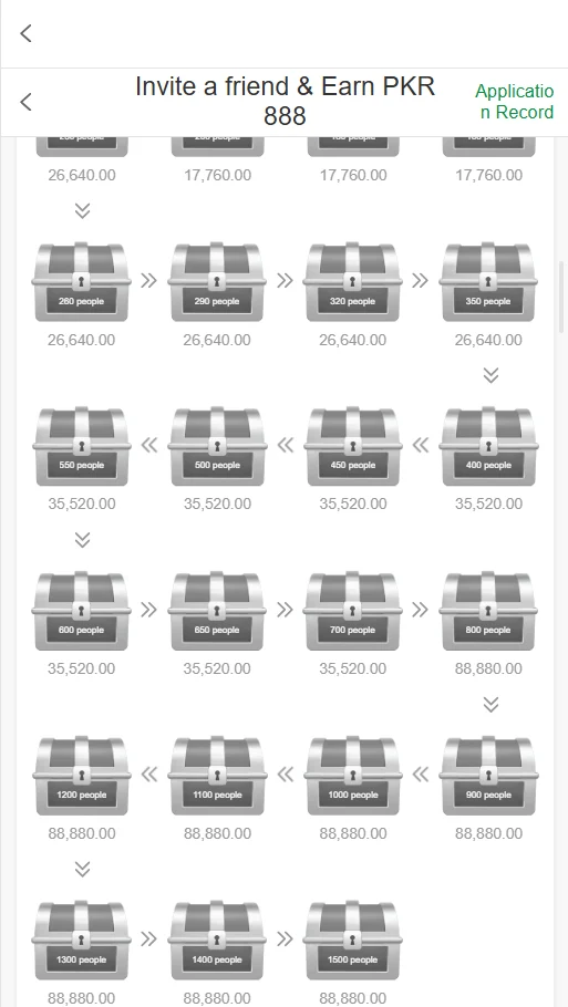 PK6 Game referral bonus screen showing 888 rupees per invite, increasing rewards with more referrals, and salary-based earning system