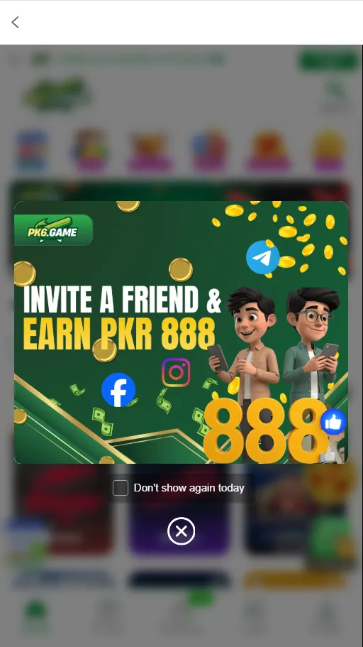 PK6 Game referral bonus screen showing 888 rupees per invite, increasing rewards with more referrals, and salary-based earning system