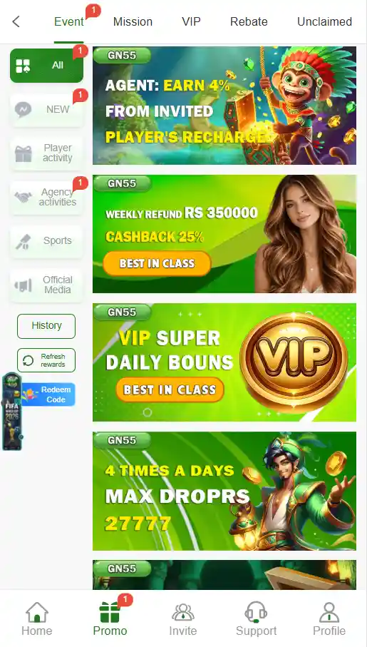 Gaming platform promotion and event section showing bonus offers, rewards, and limited-time event deals