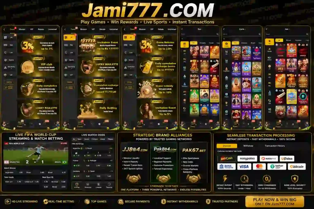 Jami777 Game homepage interface featuring sports betting, slot games, live casino and promotional offers